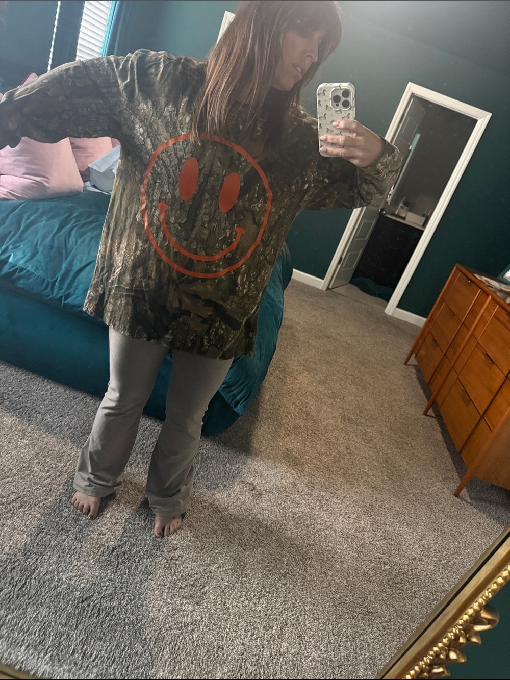Dressed In LaLa Camo Tee with Orange Smiley Face Size S/M - Picture 2 of 4